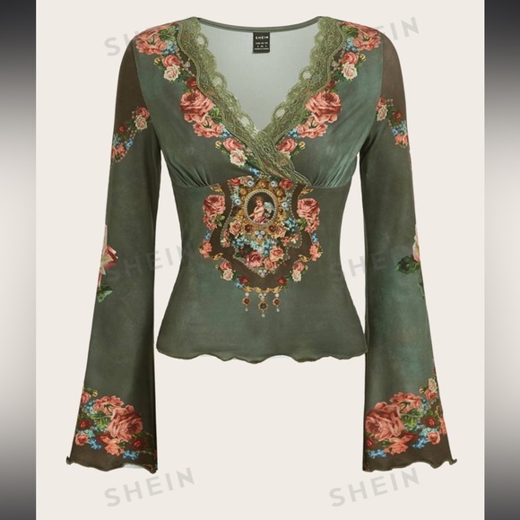 SHEIN Tops - Floral Print Contrast Lace Lettuce Trim Flounce Sleeve Tee M